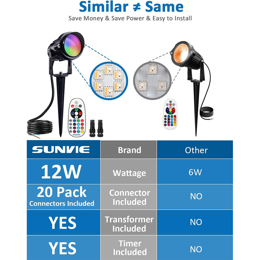 Low Voltage 12W RGBW Color Changing Spotlights Kit with Transformer & Timer & Wire Connector 10 Pack CLRS-12-10TTC SUNVIE