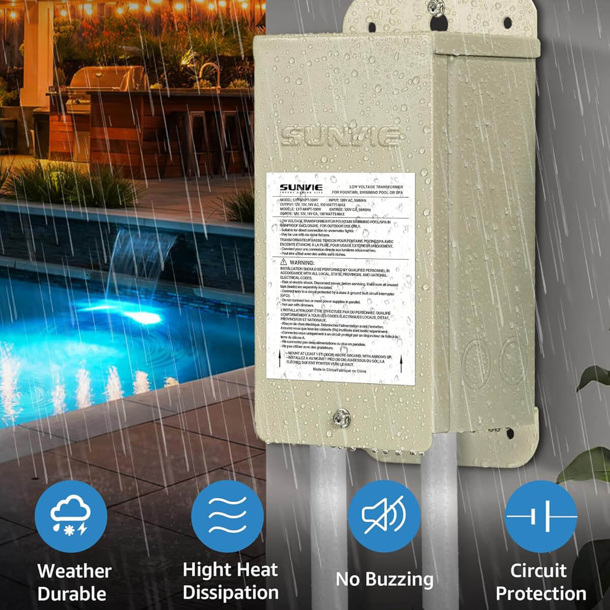 Low Voltage 120V to 12V 100W Outdoor Weatherproof Pool Pond Fountain Light Transformer LVT-PLT-100W SUNVIE