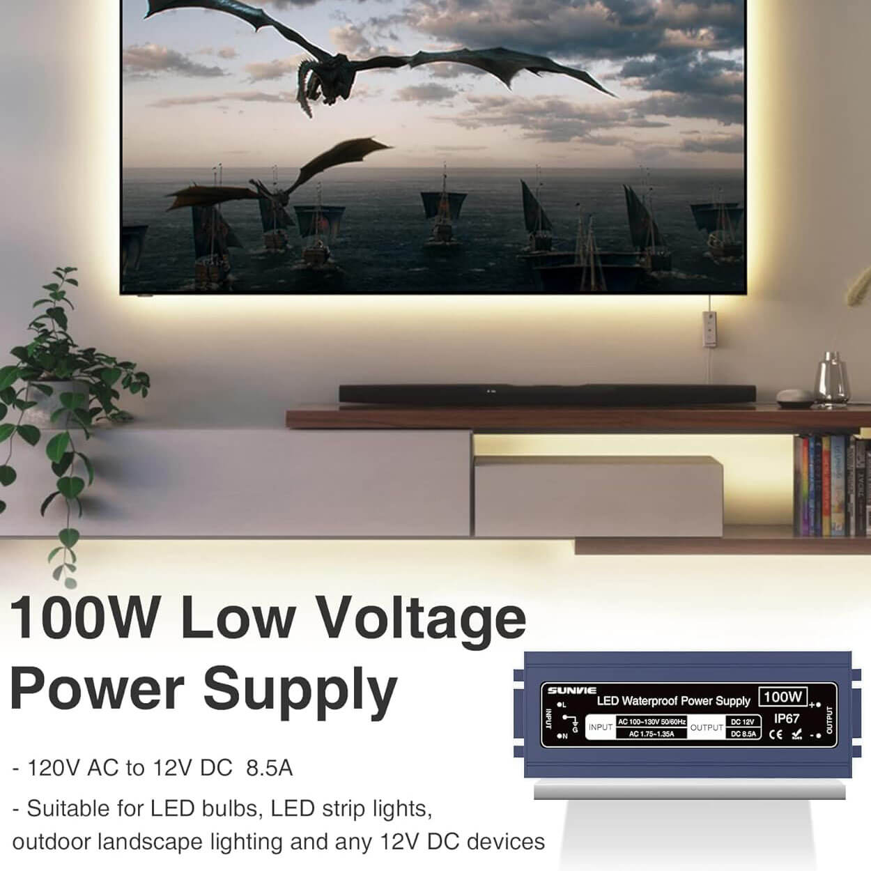 120V to 12V DC Constant Voltage 100W Waterproof LED Power Supply Transformer LVT-100DC SUNVIE