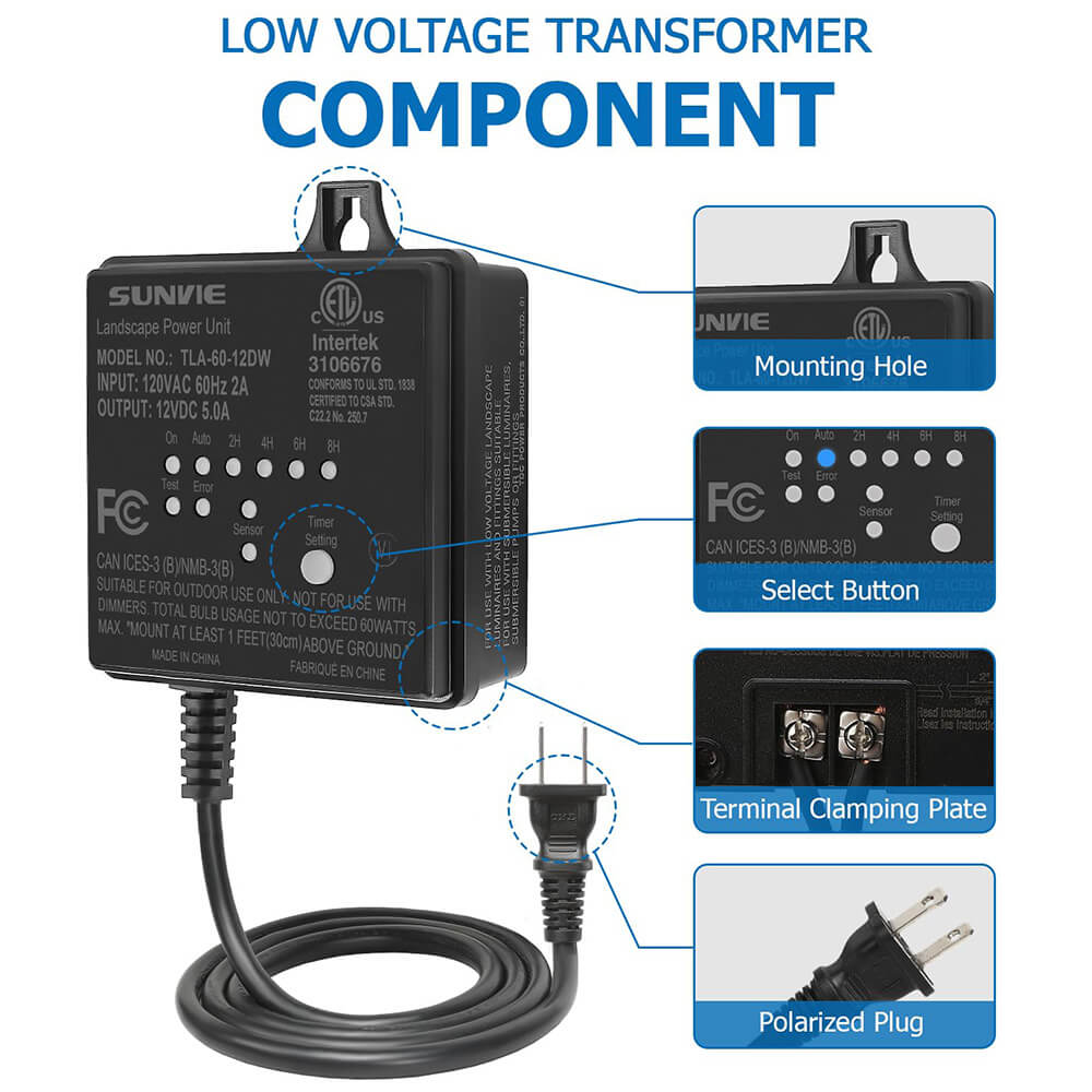 120V AC to 12V DC 60W Low Voltage Waterproof Lighting Transformer with Timer & Photocell Sensor LVT-TDC-60DC SUNVIE