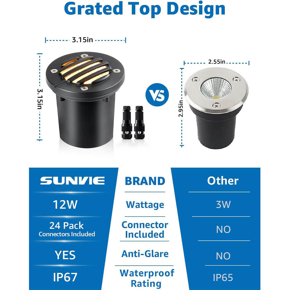 Low Voltage 12W LED In Ground Anti-Glare Well Outdoor Landscape Lights with Connectors 6 Pack MDWG-12-06C SUNVIE