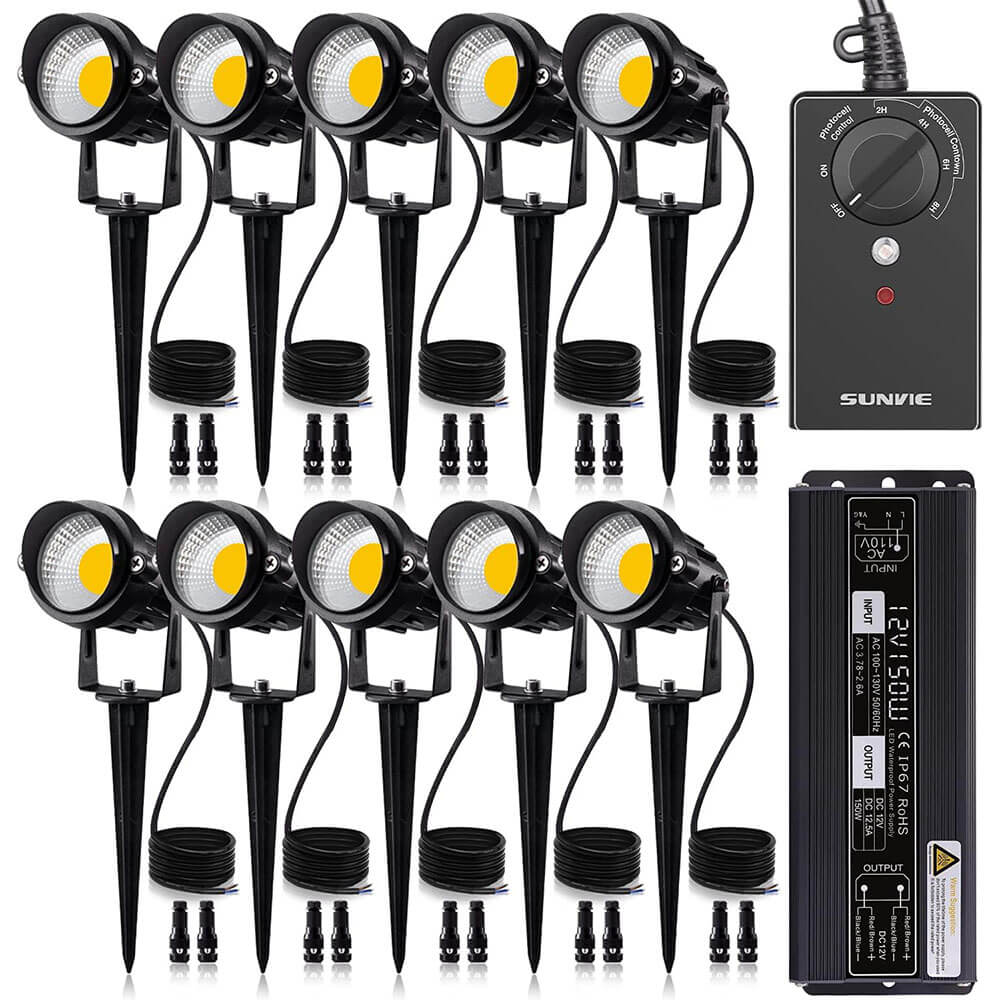 Low Voltage 12W Landscape Spotlights Kit with Transformer &Timer & Wire Connector 10 Pack CLWS-12-10TTC SUNVIE