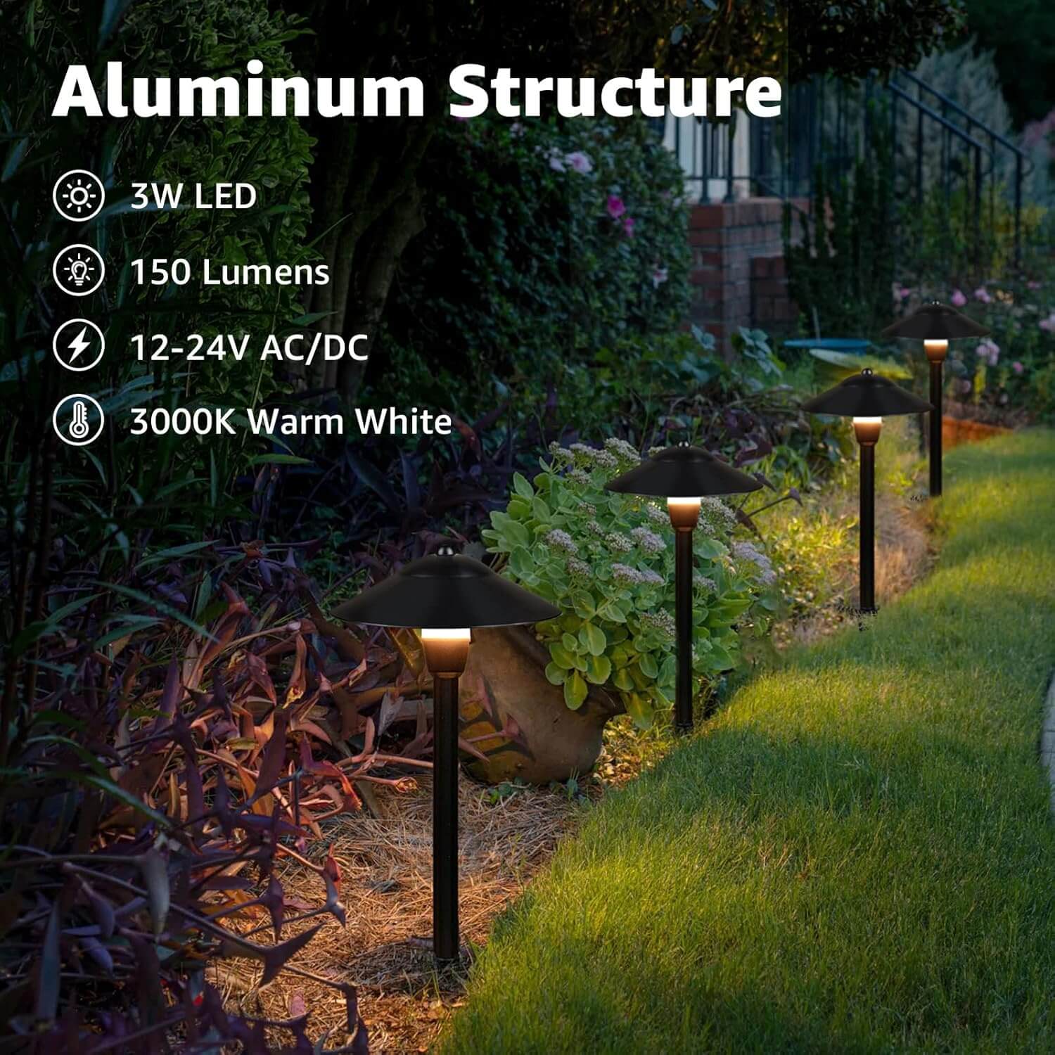 3W LED Low Voltage Landscape Pathway Lights Kit with 60W Transformer & Connectors 8 Pack KT-W8PA SUNVIE