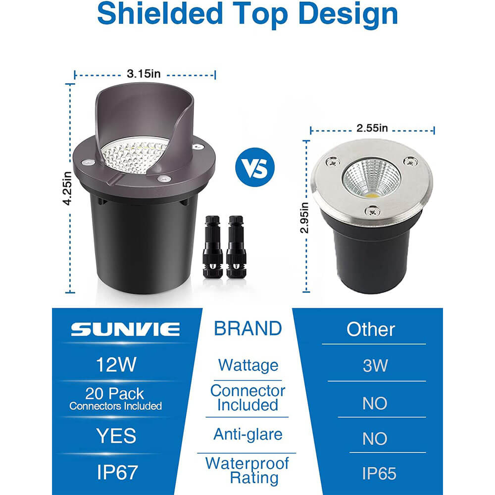 Low Voltage 12W LED Waterproof Outdoor Shielded In-Ground Well Lights with Wire Connectors 6 Pack MDWL-12-06C SUNVIE