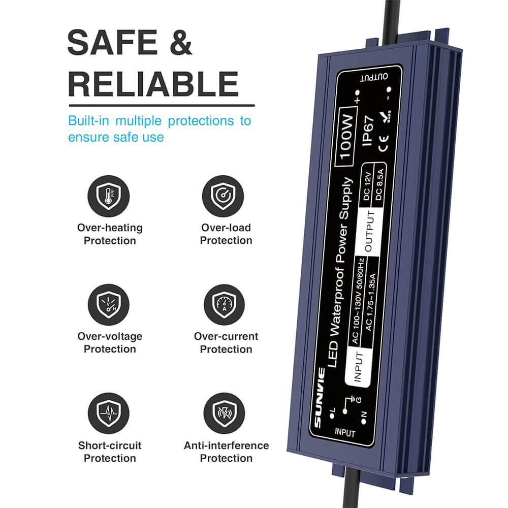 120V to 12V DC Constant Voltage 100W Waterproof LED Power Supply Transformer LVT-100DC SUNVIE