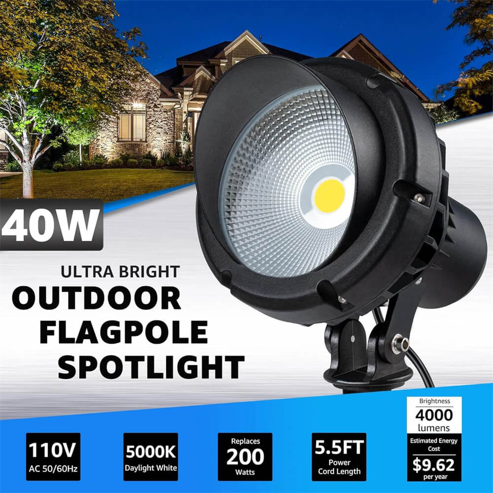 120V 40W Led Outdoor 5000K Daylight White Outdoor Spot Lights with Stake & 5.5FT Cord CHD-40A-01 SUNVIE