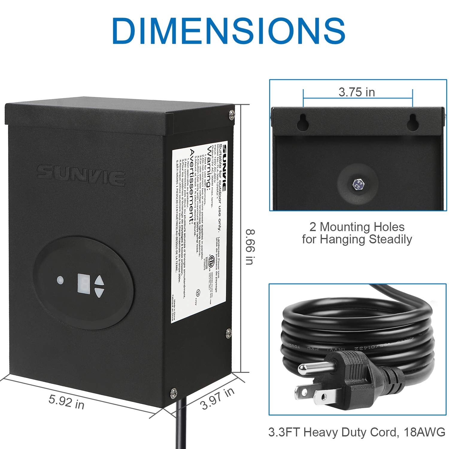 120V AC to 12V DC 300W Low Voltage Waterproof Lighting Transformer with Timer & Photocell Sensor LVT-TDC-300AC SUNVIE