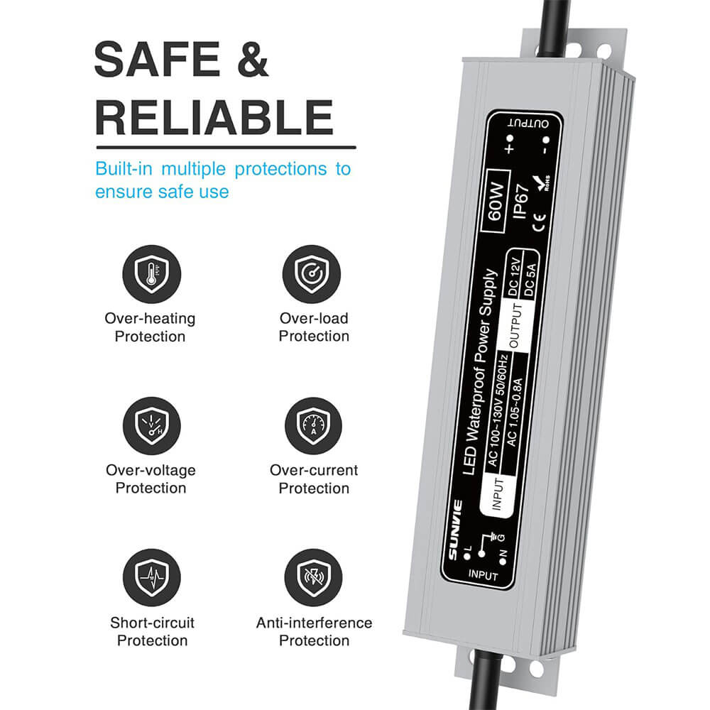 120V to 12V DC Constant Voltage 60W Waterproof LED Power Supply Transformer LVT-60DC SUNVIE
