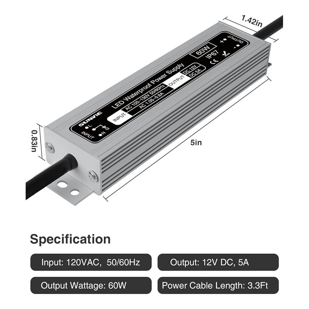 120V to 12V DC Constant Voltage 60W Waterproof LED Power Supply Transformer LVT-60DC SUNVIE