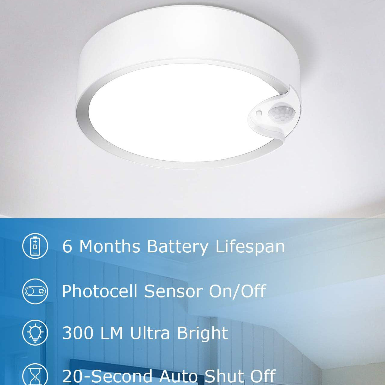 Battery Operated Motion Sensor 6500K LED Ceiling Light with Photocell Sensor ON/OFF XDD-MSW02-01 SUNVIE