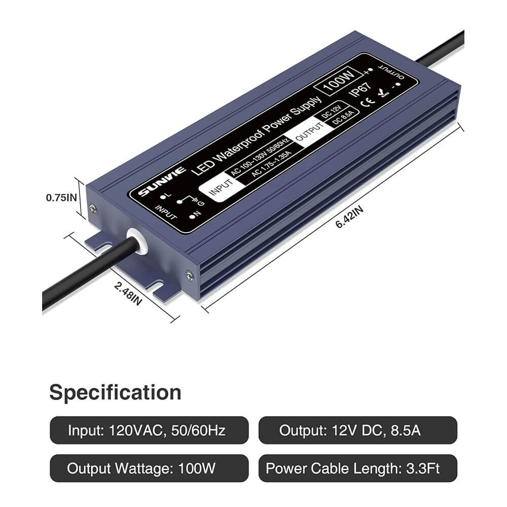 120V to 12V DC Constant Voltage 100W Waterproof LED Power Supply Transformer LVT-100DC SUNVIE