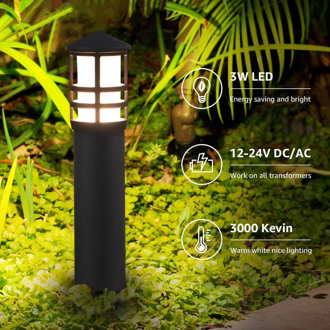 3W Aluminum Wired Landscape Pathway Bollard Lights with CRI 90+ ETL Listed Cord 4 Pack LYAWB-03-04C SUNVIE