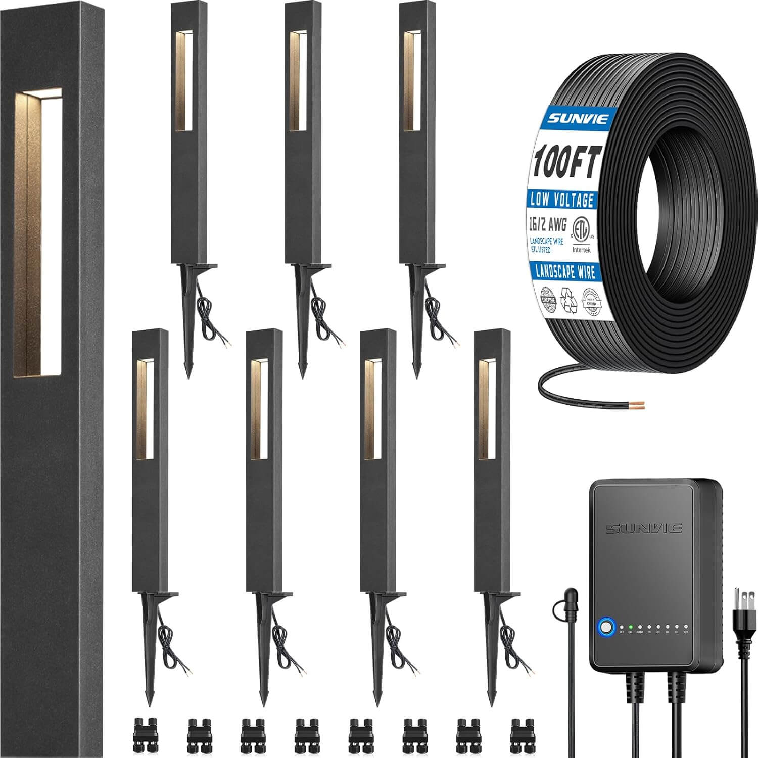 3W Low Voltage LED Hollow Cuboid Pathway Lighting Kit with Transformer & Wire & Connectors 8 Pack KTW-W8FA SUNVIE