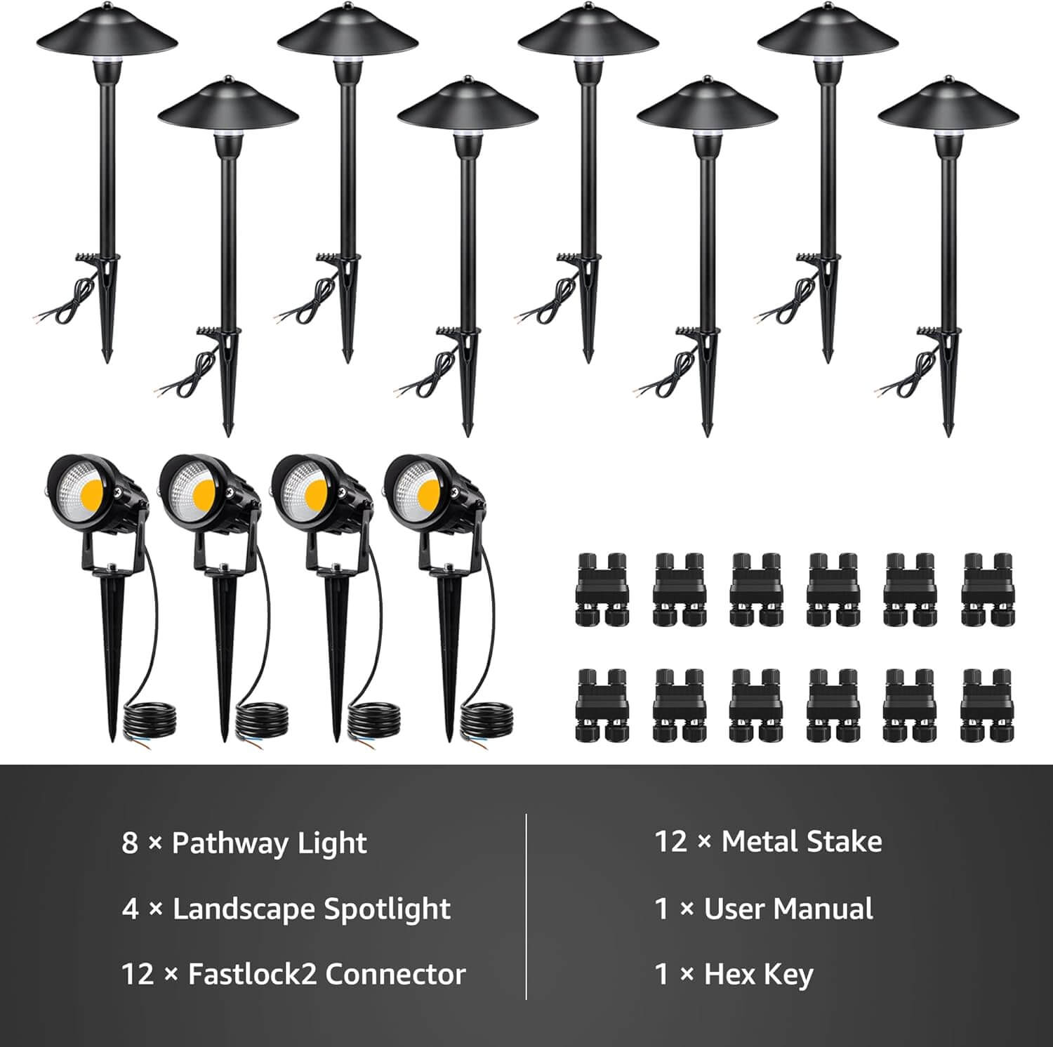 Low Voltage Landscape Lighting Kit 8 Stake Pathway Lights + 4 Spotlights with Connectors 12 Pack T-W4S8P SUNVIE