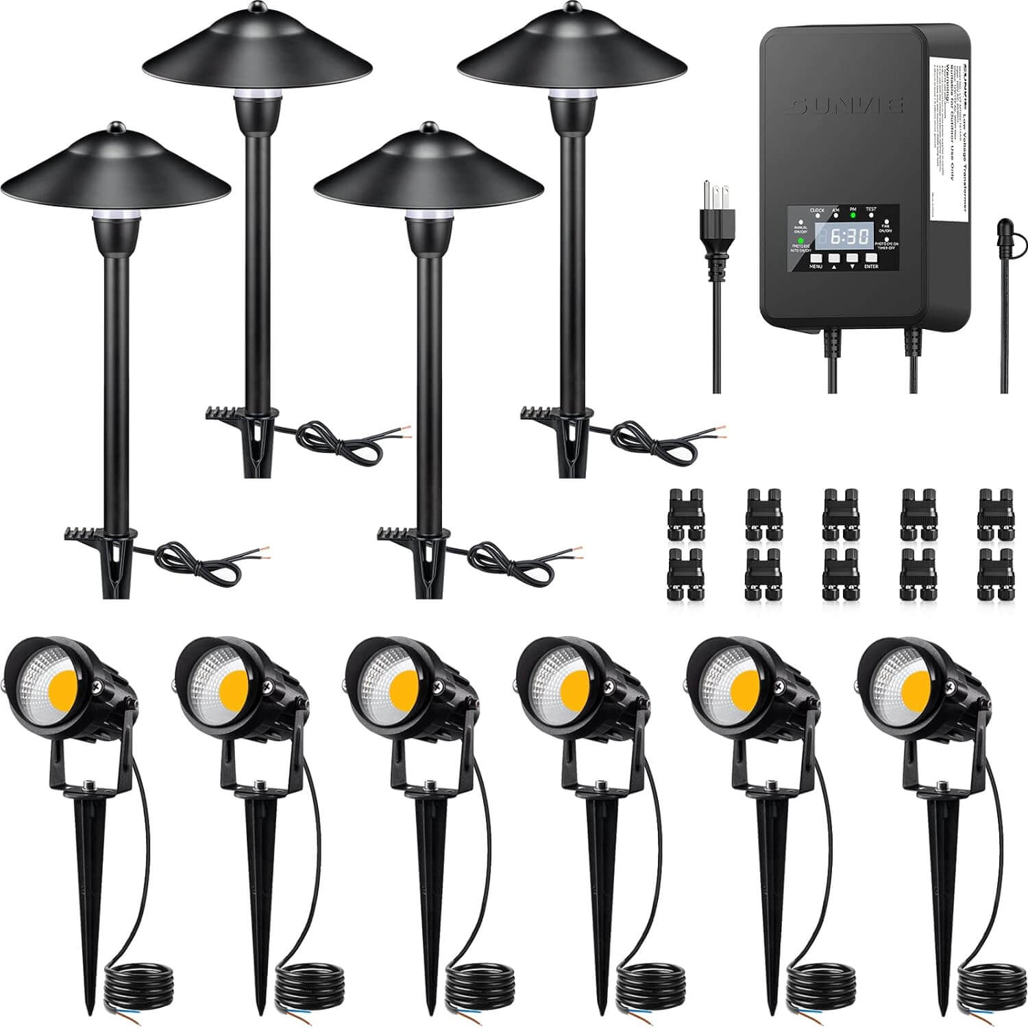 Low Voltage Landscape Lighting Kit 4 Stake Pathway Lights + 6 Spotlights with Connectors & Transformer 10 Pack TB-W6S4P SUNVIE