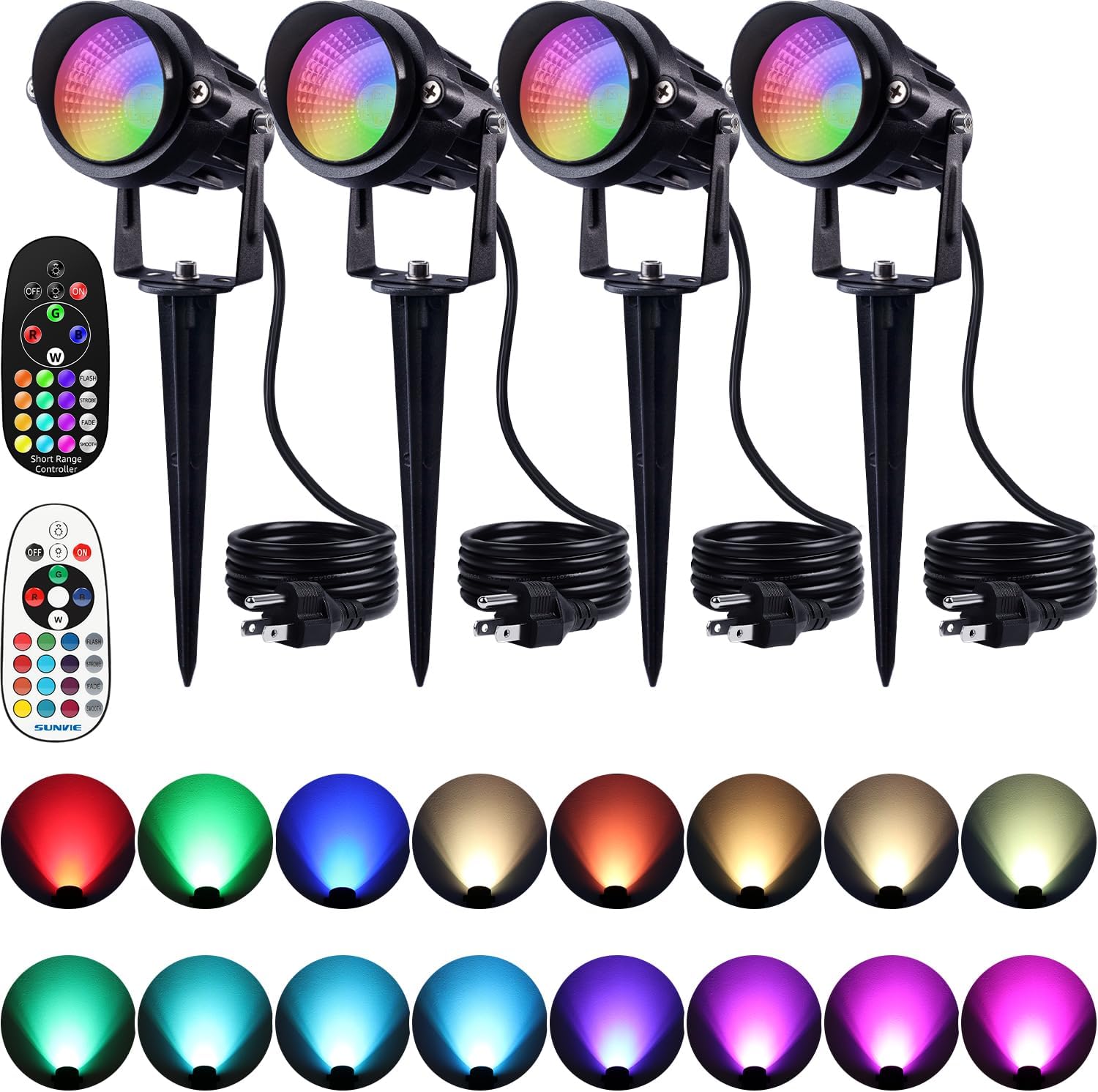 120V 12W RGB LED Color Changing Waterproof Outdoor Party Landscape Lights with Remote Control 4 Pack CHRS-12-04 SUNVIE