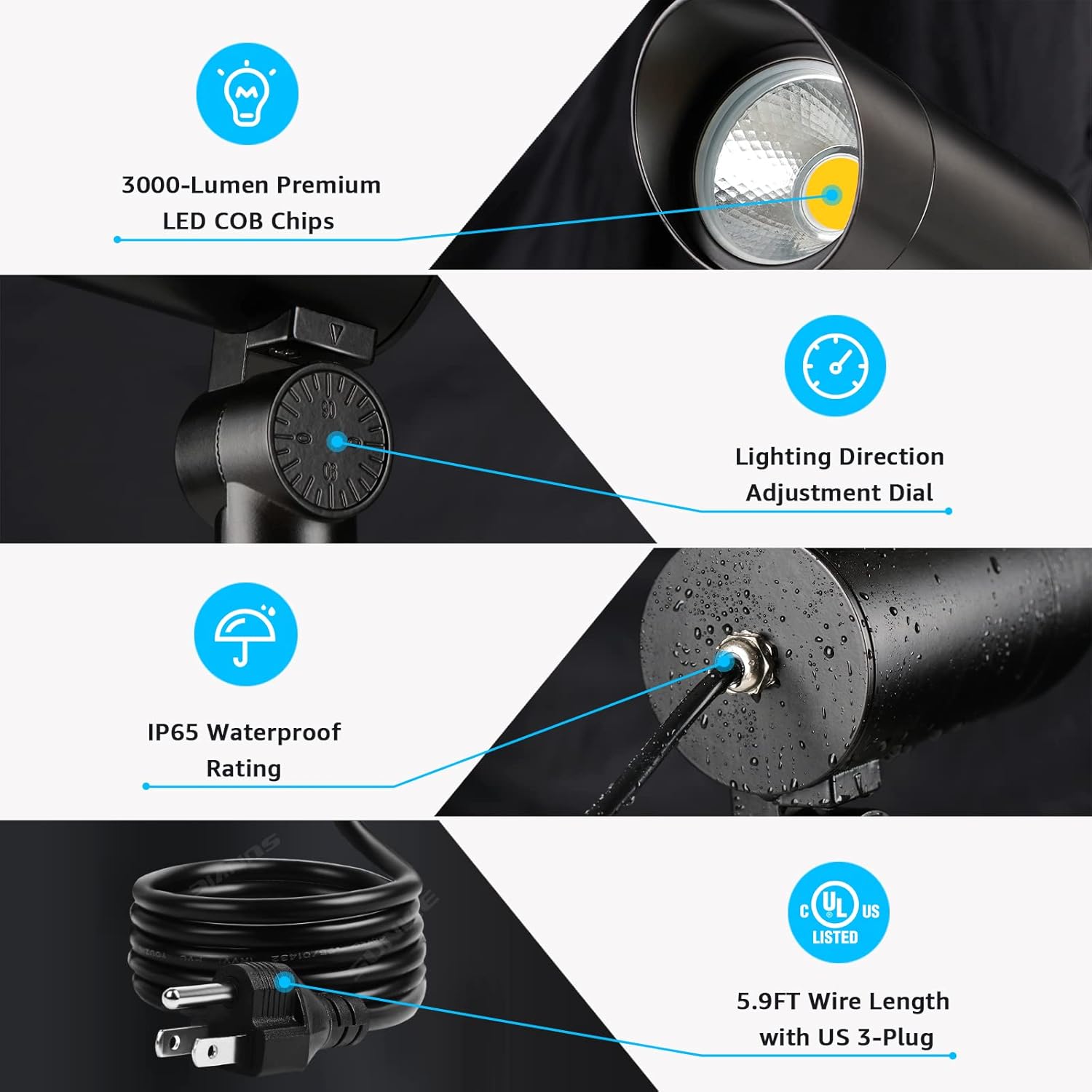 120V 30W 3000K Warm White Outdoor LED Spotlight with Photocell Sensor & Stake & 6FT Cord CHWP-30A-01 SUNVIE