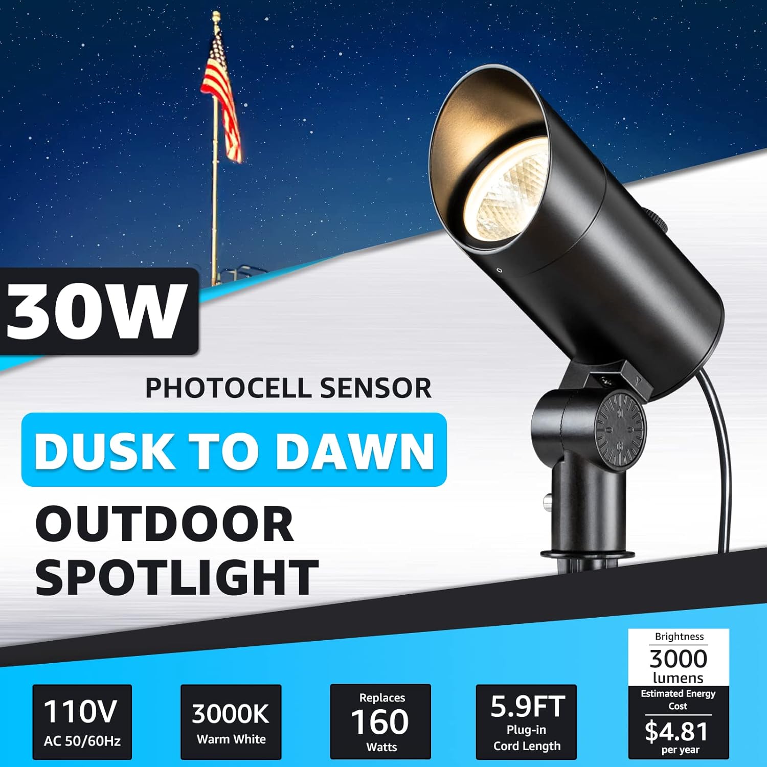 120V 30W 3000K Warm White Outdoor LED Spotlight with Photocell Sensor & Stake & 6FT Cord CHWP-30A-01 SUNVIE