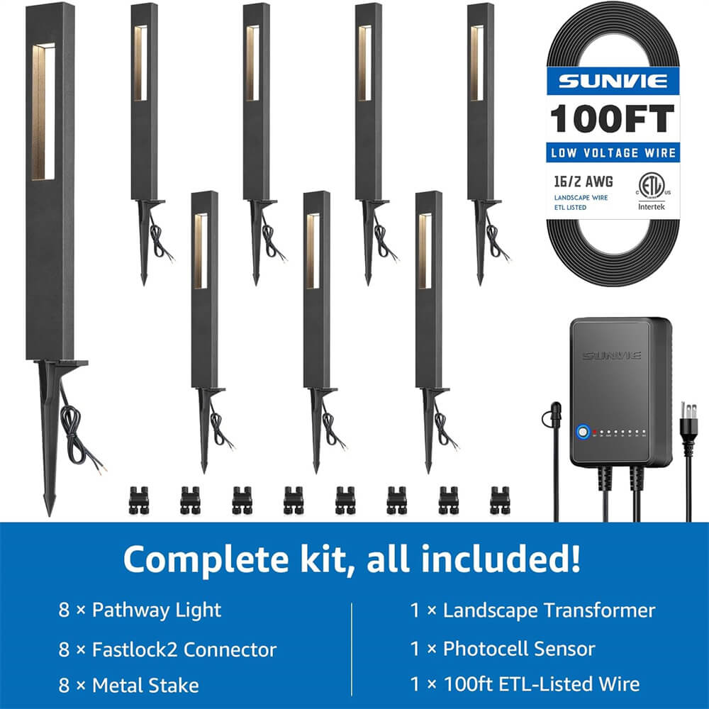 3W Low Voltage LED Hollow Cuboid Pathway Lighting Kit with Transformer & Wire & Connectors 8 Pack KTW-W8FA SUNVIE