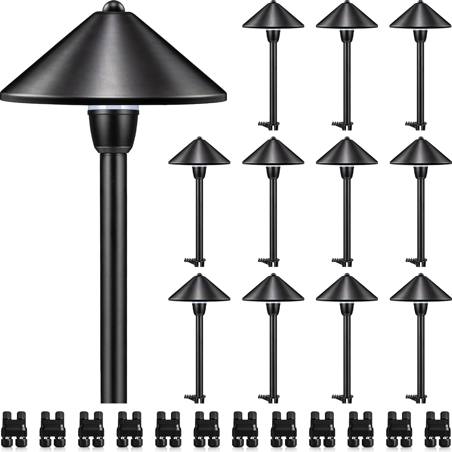 3W LED Low Voltage Waterproof Aluminum Conical Shade Pathway Lights With Connectors 12 Pack LSBWB-03-12C SUNVIE