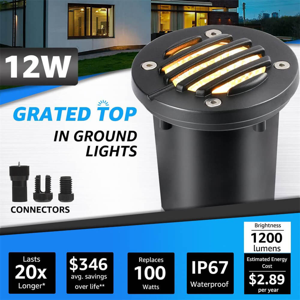 Low Voltage 12W LED In Ground Anti-Glare Well Outdoor Landscape Lights with Connectors 6 Pack MDWG-12-06C SUNVIE