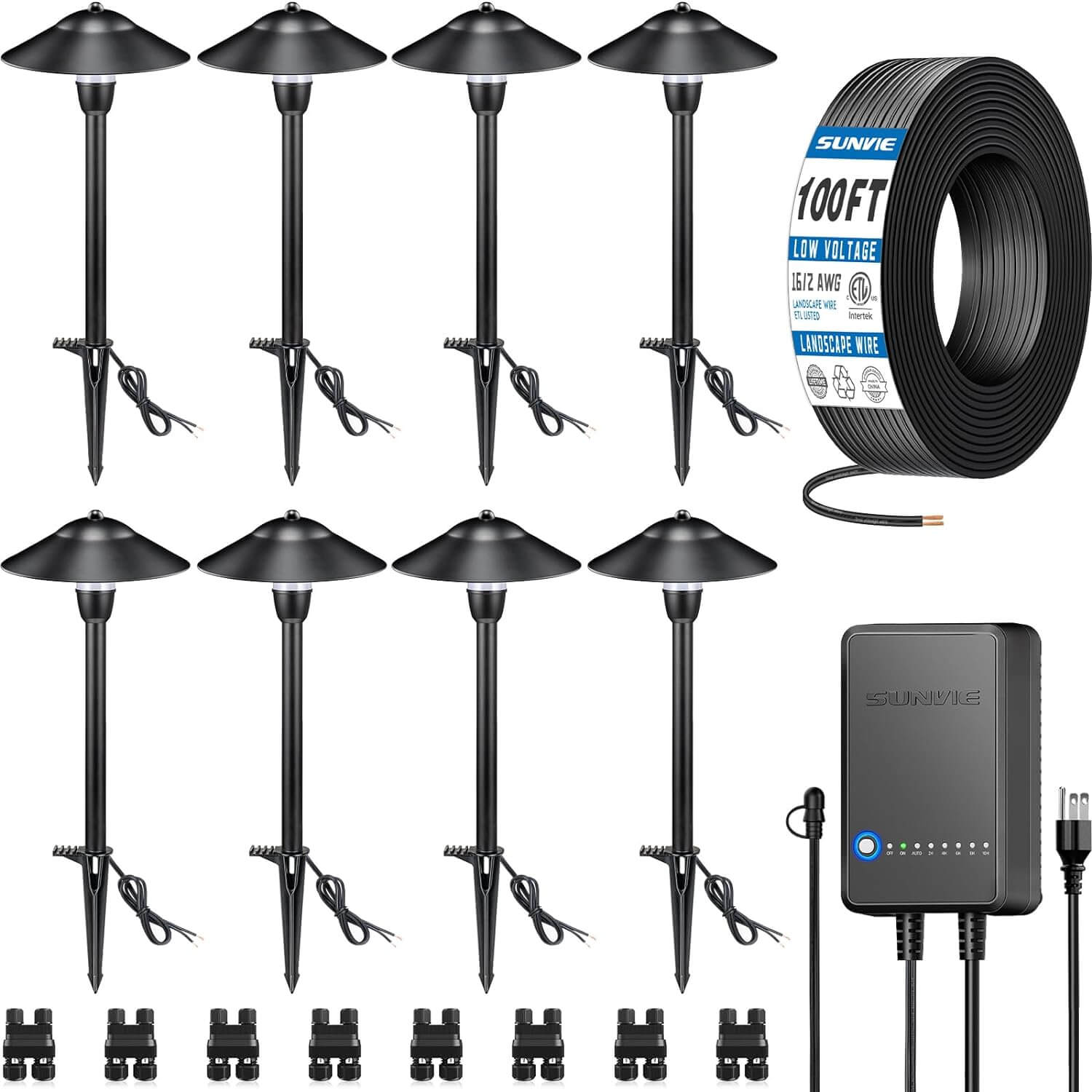 3W Low Voltage LED Pathway Lighting Kit with 60W Transformer & Wire & Connectors 8 Pack KTW-W8PA SUNVIE