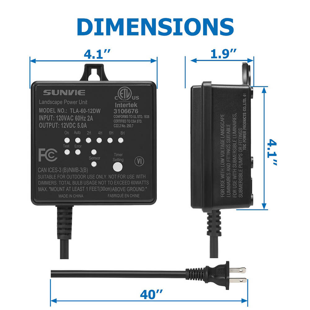 120V AC to 12V DC 60W Low Voltage Waterproof Lighting Transformer with Timer & Photocell Sensor LVT-TDC-60DC SUNVIE