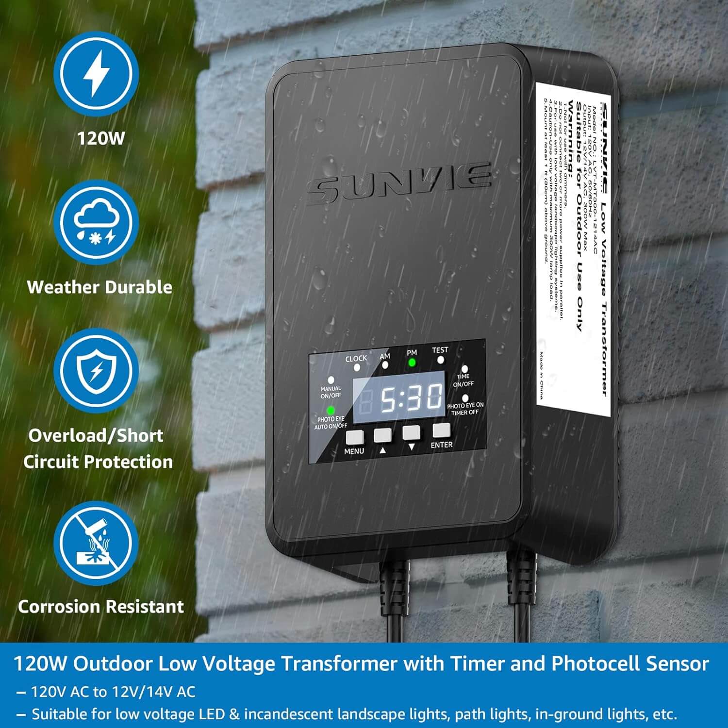 120V to 12/14V AC Low Voltage 120W Landscape Lights Transformer with Timer & Photocell Sensor LVT-MH-120W SUNVIE