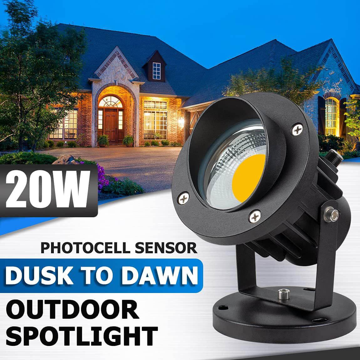 120V 20W 3000K LED Landscape Spotlight with Dusk to Dawn Photocell Sensor with 6 FT Cord 2 Pack CHWP-20-02P SUNVIE