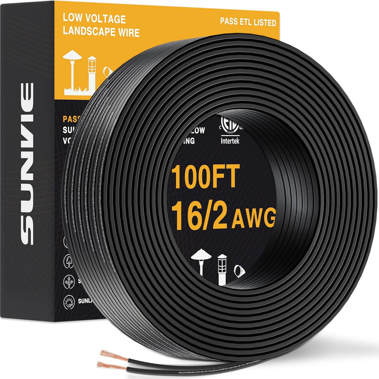 100FT 16/2 Low Voltage Stranded Copper Electric Wire for Landscape Lighting Wire, ETL Listed LVW-RL16-2C100 SUNVIE