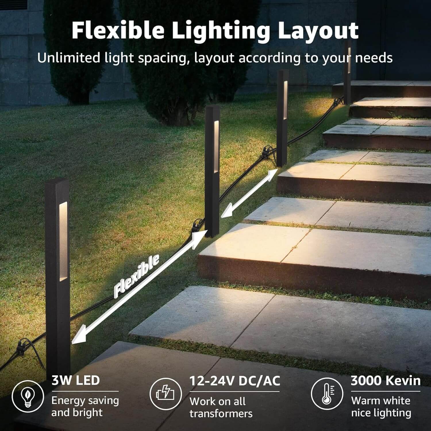 3W Low Voltage LED Hollow Cuboid Pathway Lighting Kit with Transformer & Wire & Connectors 8 Pack KTW-W8FA SUNVIE