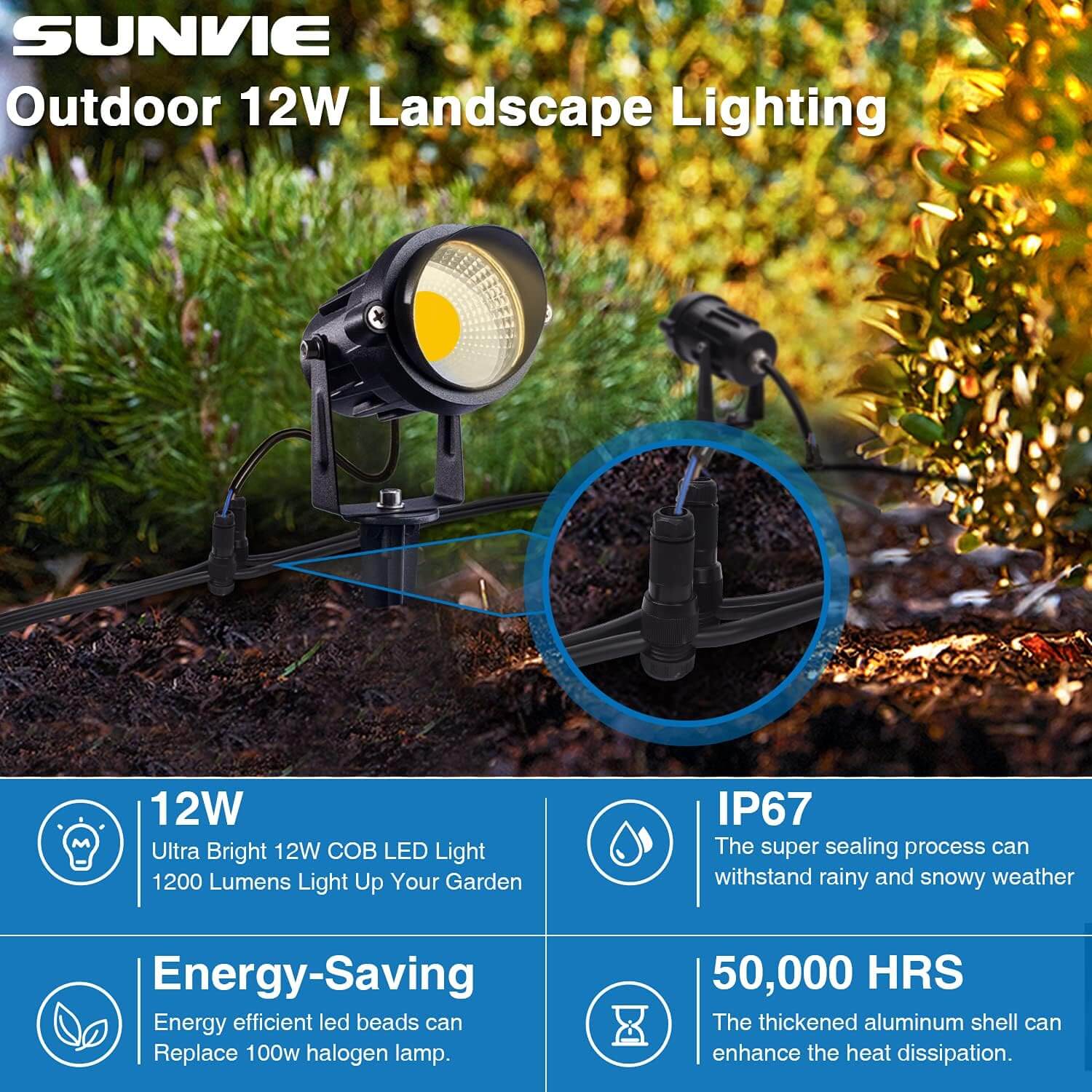 Low Voltage 12W Waterproof Landscape Lighting (AC/DC 12V) with Spike Stand & Connectors 2 Pack CLWS-12B-02C SUNVIE