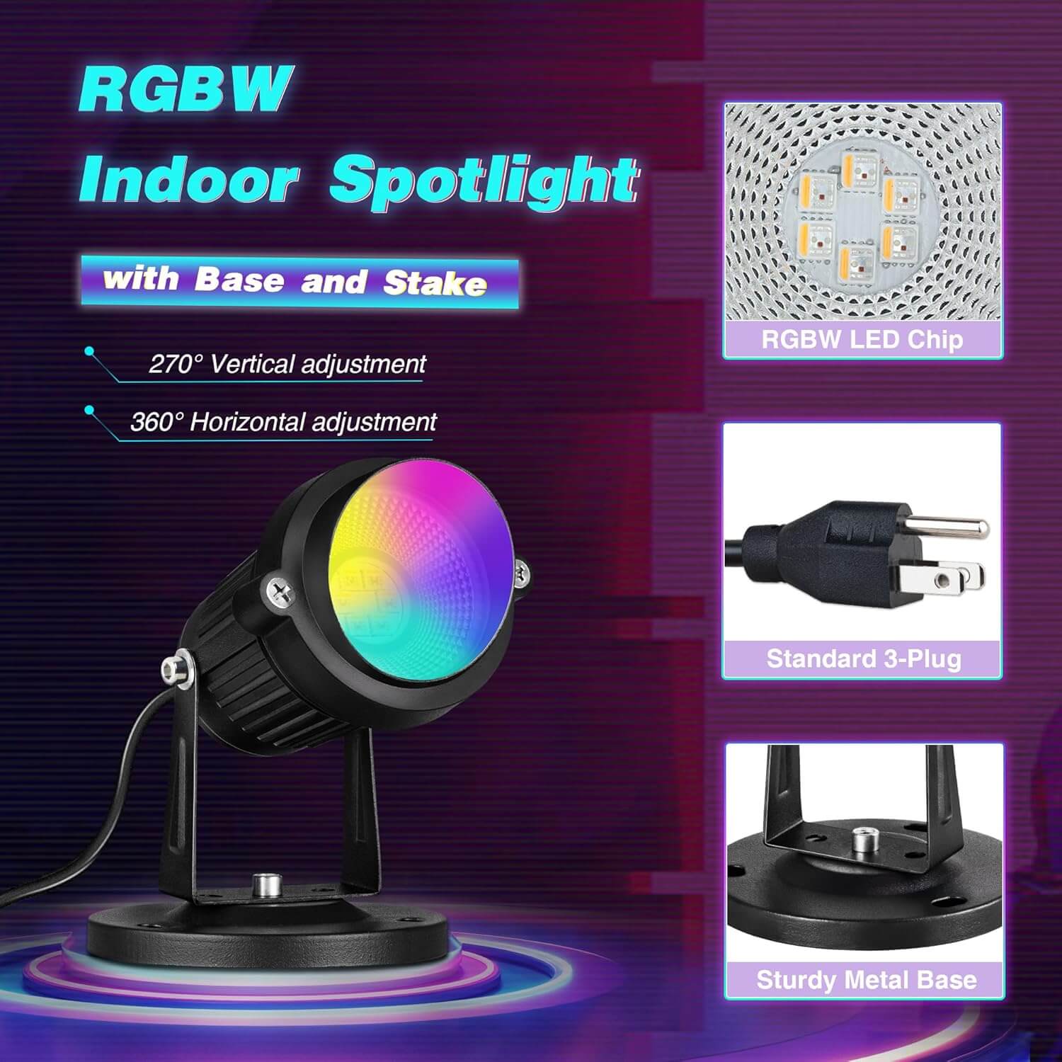 120V 6W RGBW LED Indoor Uplighting Color Changing Spotlight with Remote Color 2 Pack SHRS-05-02 SUNVIE