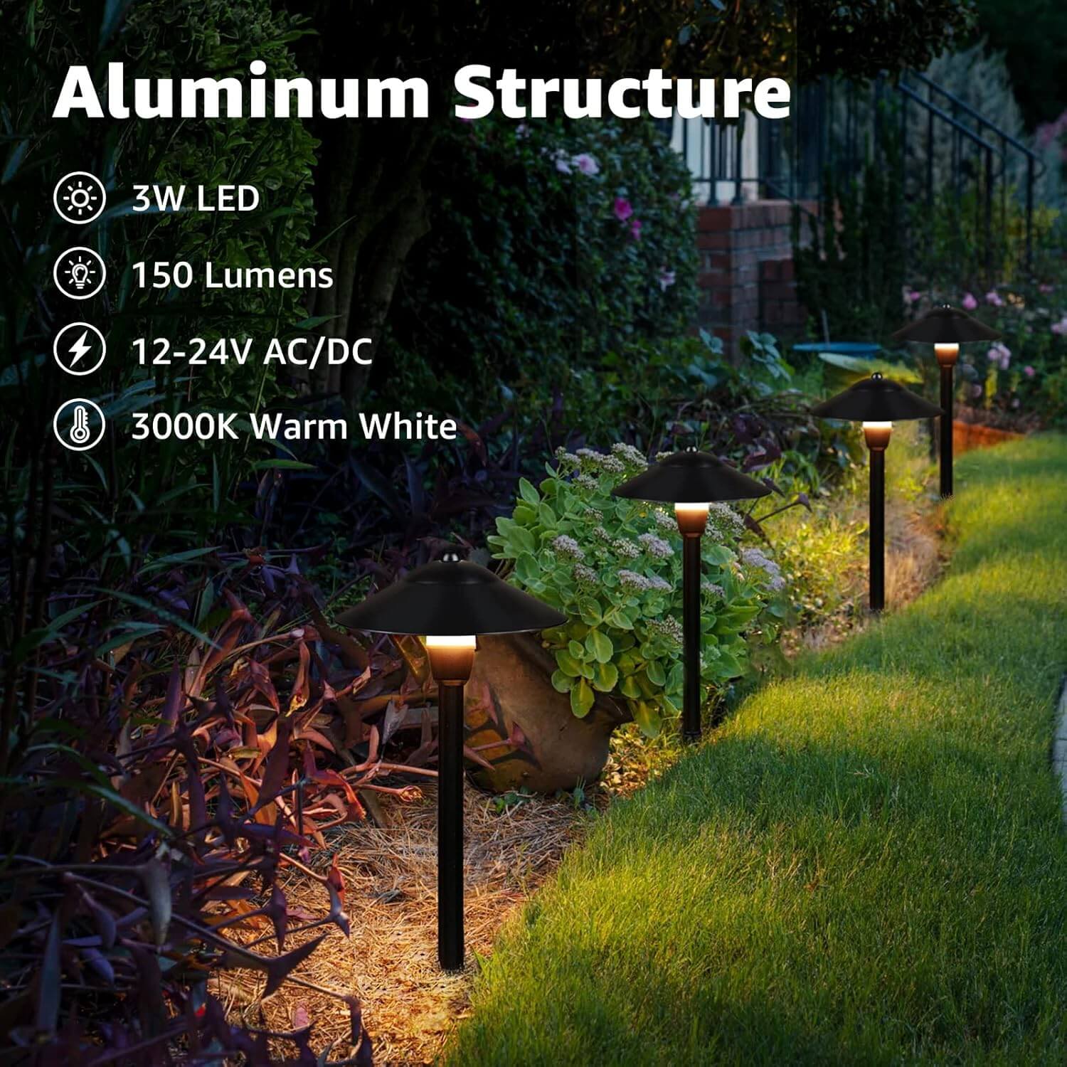 LED Low Voltage 3W Cast-Aluminum Landscape Pathway Lights with ETL Listed Cord 12 Pack LSAWB-03-12C SUNVIE