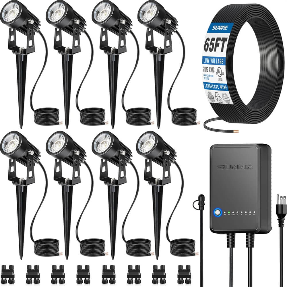 All-In-One Low Voltage 3W Landscape Lighting Kit with 60W Transformer 65FT Wire & Connectors 8 Pack KTW-W8SA SUNVIE