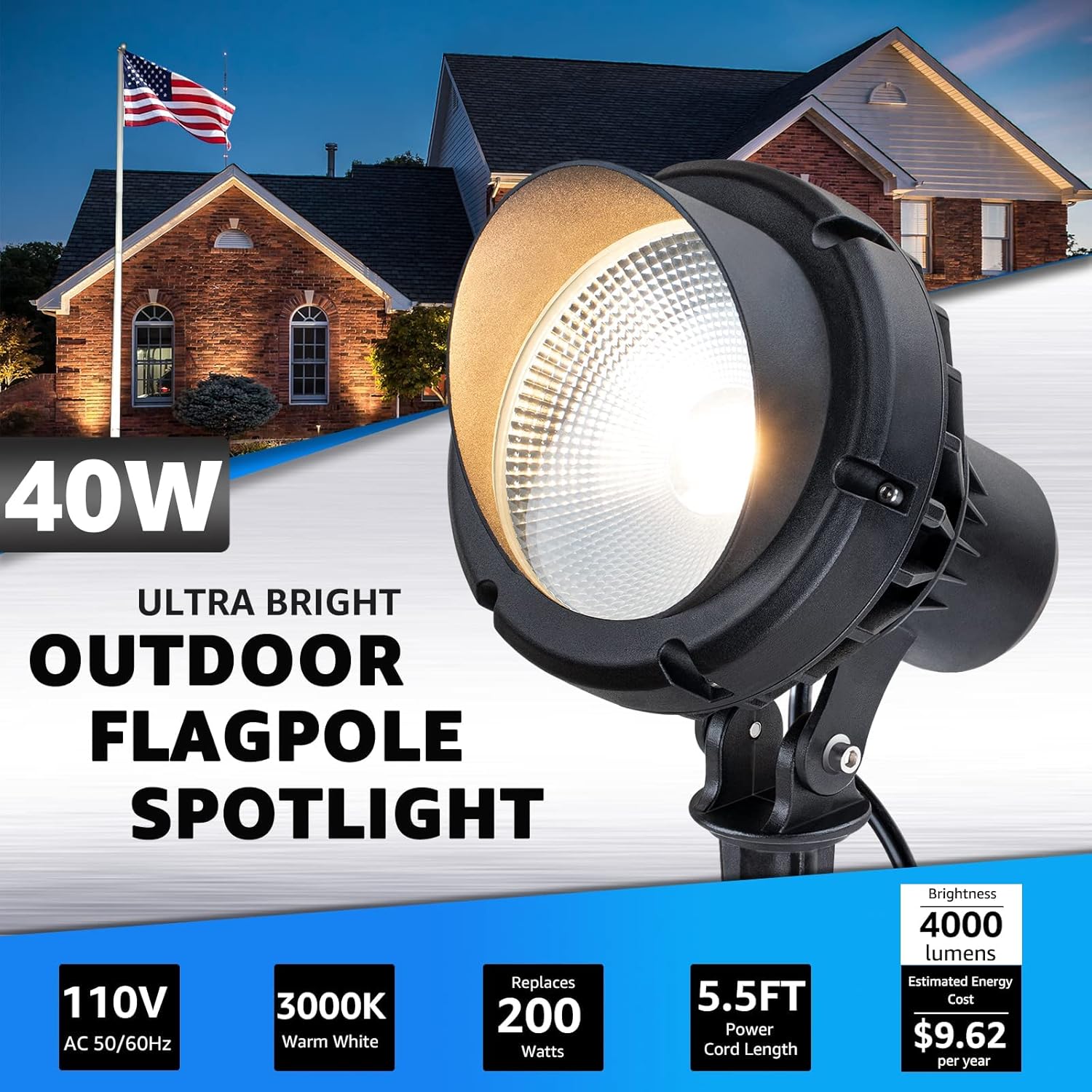 120V 40W Ultra Bright 4000LM Outdoor Landscape Spotlight  with Stake & 5.5FT Cord CHW-40A-01 SUNVIE