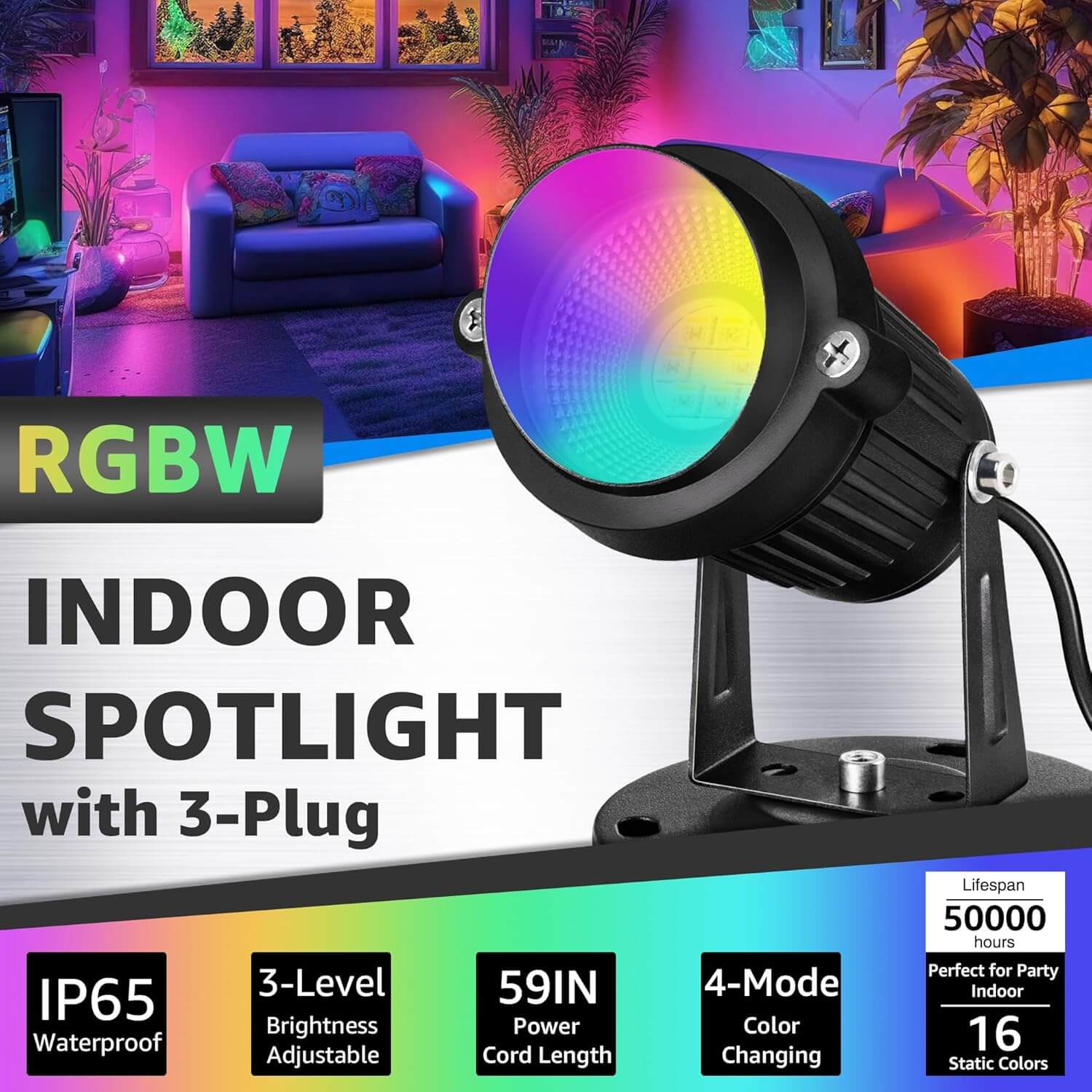 120V 6W RGBW LED Indoor Uplighting Color Changing Spotlight with Remote Color 2 Pack SHRS-05-02 SUNVIE