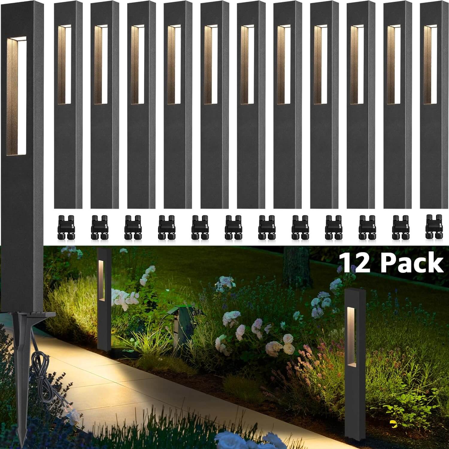 3W Low Voltage Aluminum LED Hollow Cuboid Landscape Pathway Light with ETL Listed Cord 12 Pack LFAWB-03-12C SUNVIE