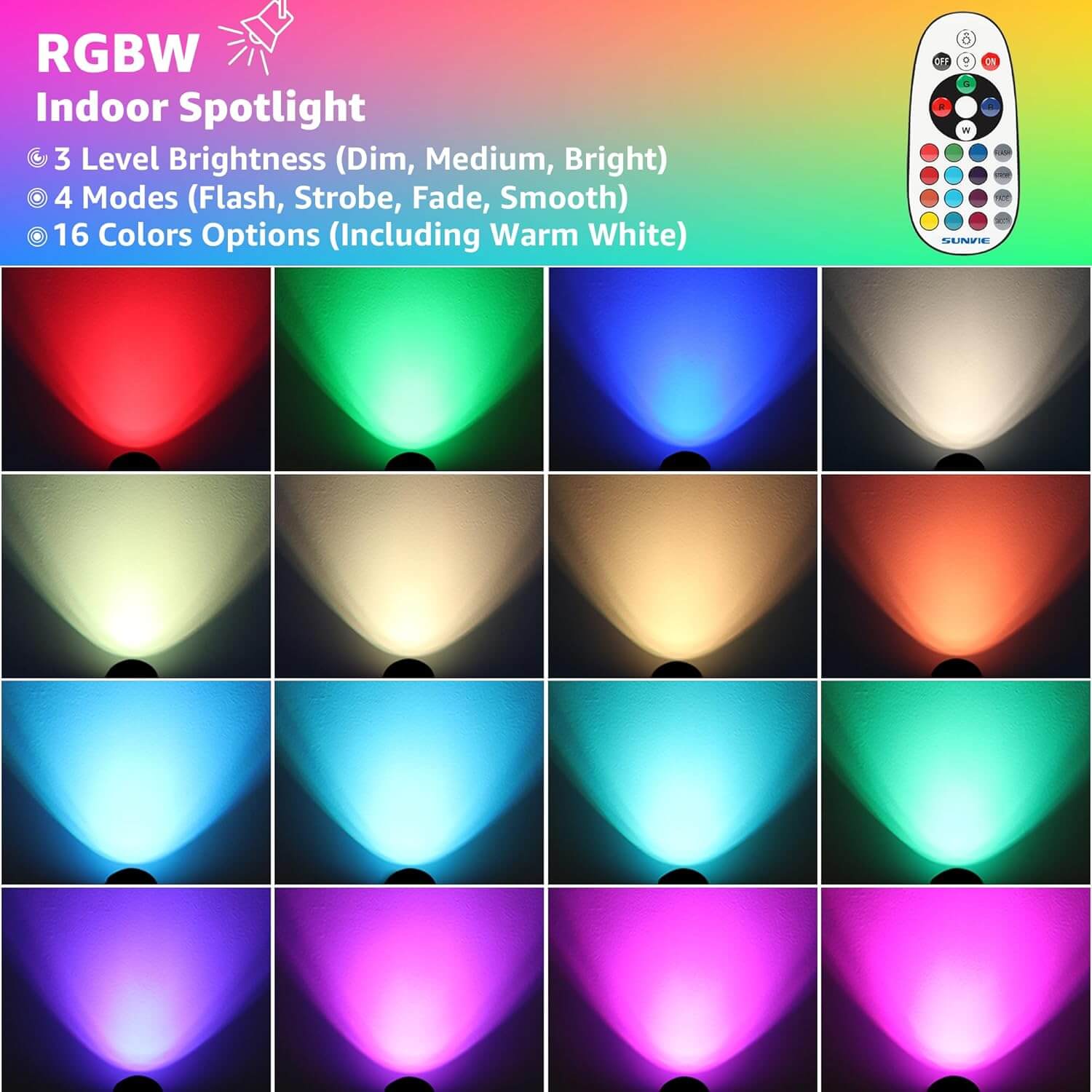 120V 6W RGBW LED Indoor Uplighting Color Changing Spotlight with Remote Color 2 Pack SHRS-05-02 SUNVIE