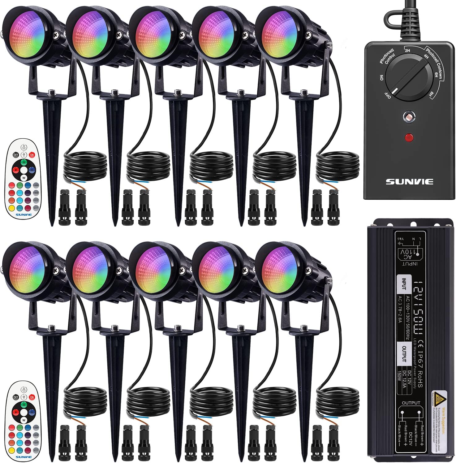 Low Voltage 12W RGBW Color Changing Spotlights Kit with Transformer & Timer & Wire Connector 10 Pack CLRS-12-10TTC SUNVIE