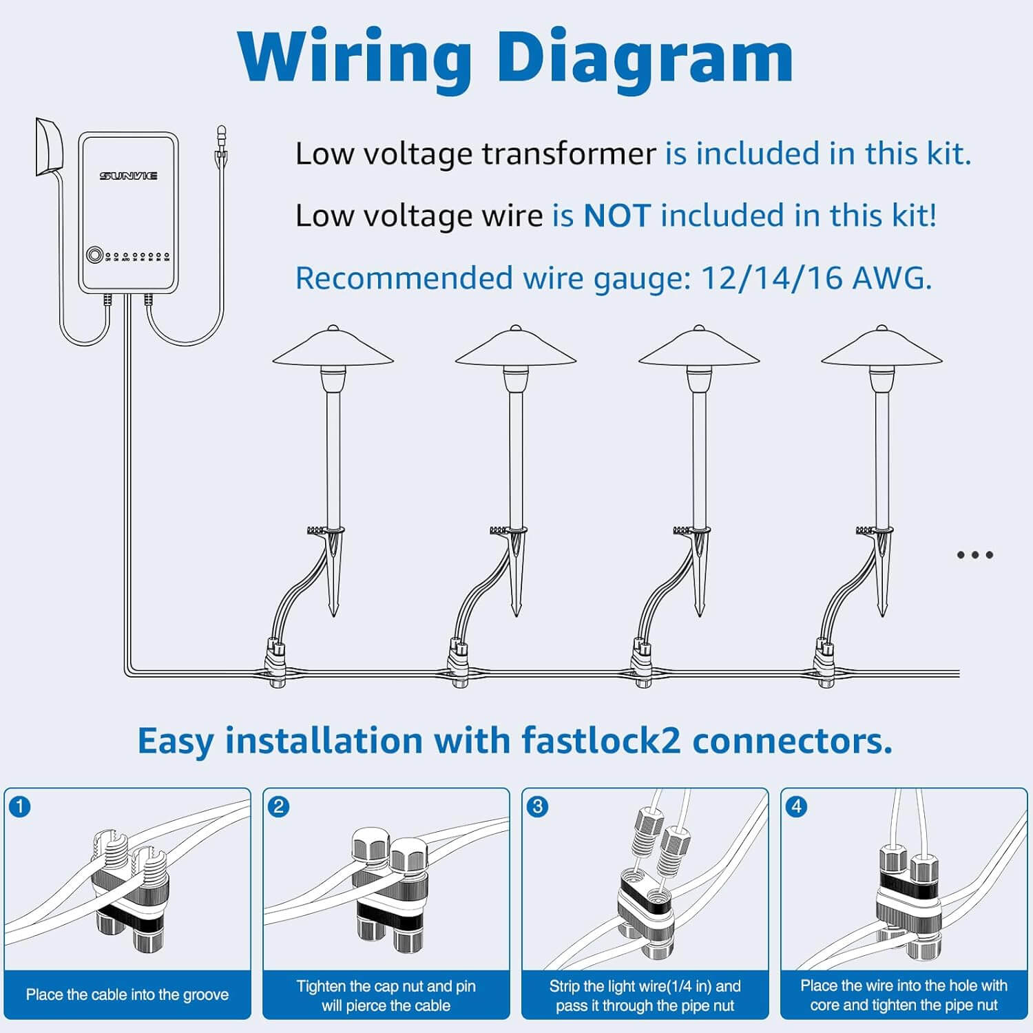 3W LED Low Voltage Landscape Pathway Lights Kit with 60W Transformer & Connectors 8 Pack KT-W8PA SUNVIE