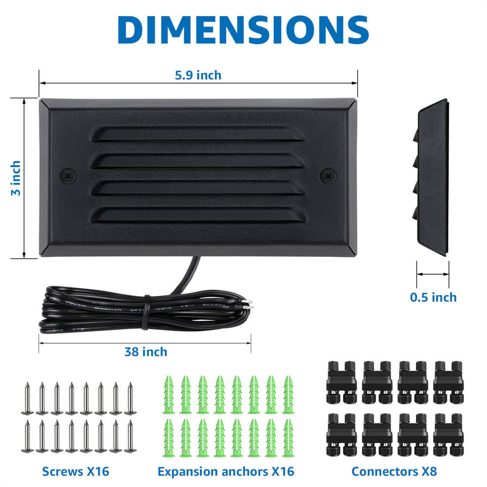 5W Low Voltage Black Step Lights with Horizontal Louver Faceplate & Fastlock2 Connectors 8 Pack BLWFB-05-08C SUNVIE