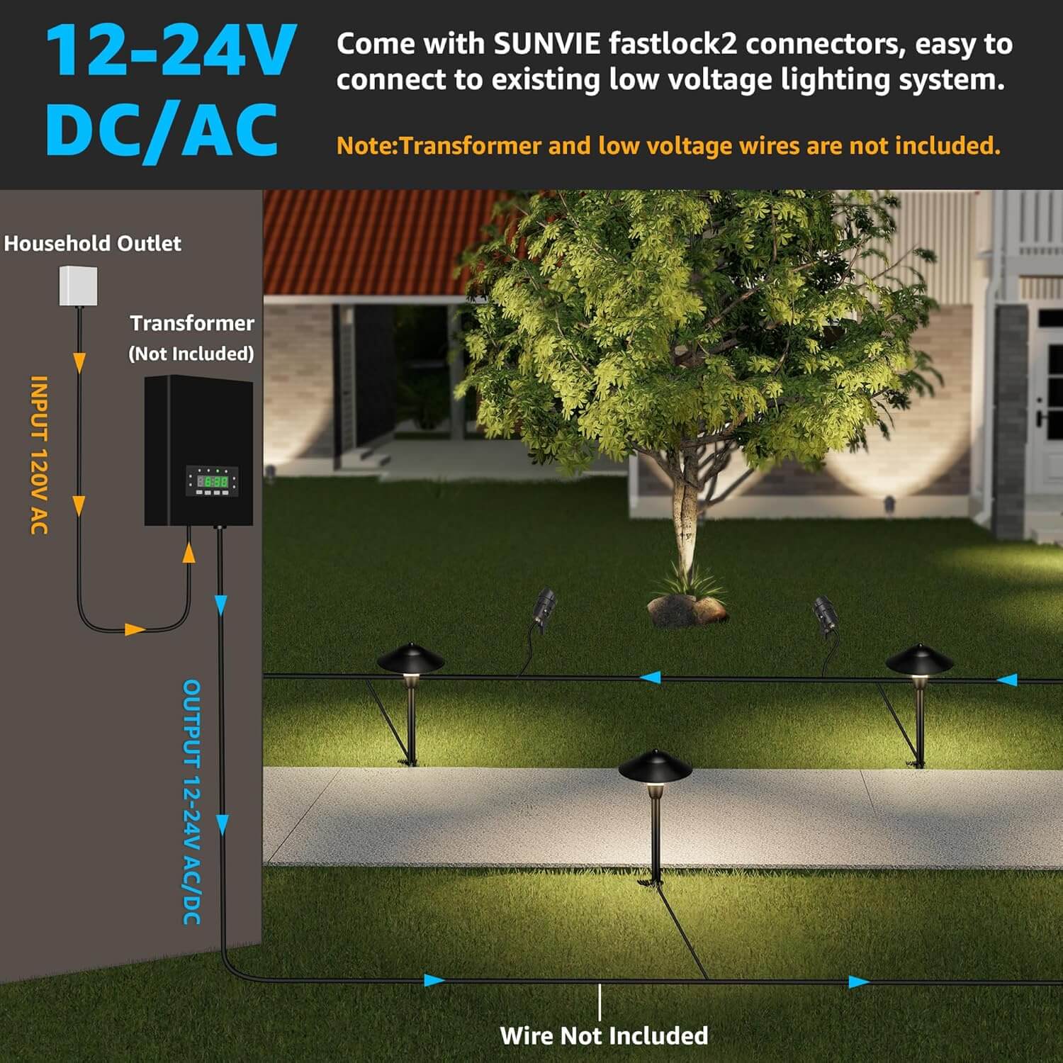 Low Voltage Landscape Lighting Kit 8 Stake Pathway Lights + 4 Spotlights with Connectors 12 Pack T-W4S8P SUNVIE