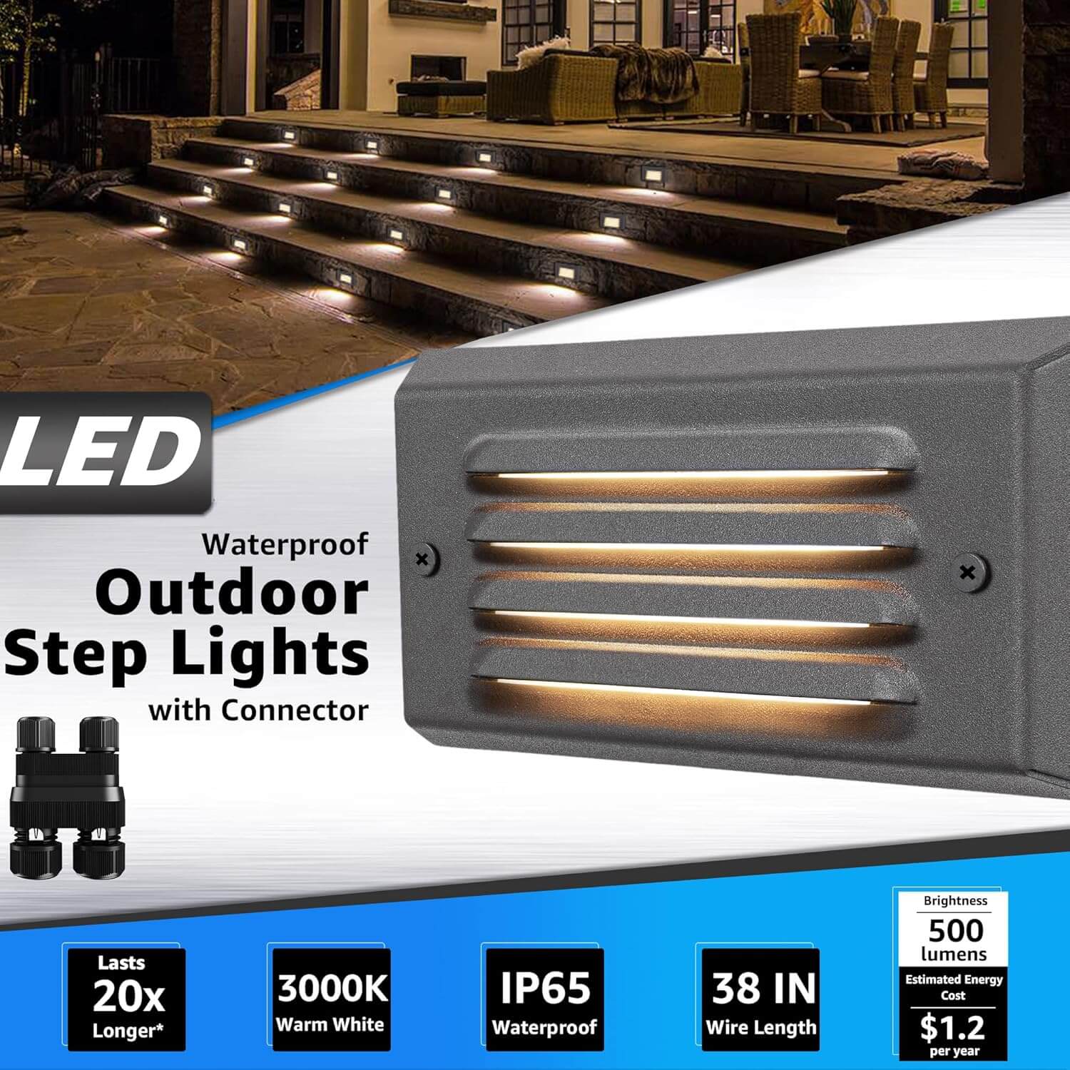 5W Low Voltage Grey Step Lights with Horizontal Louver Faceplate & Fastlock2 Connectors 12 Pack BLWF-05-12C SUNVIE