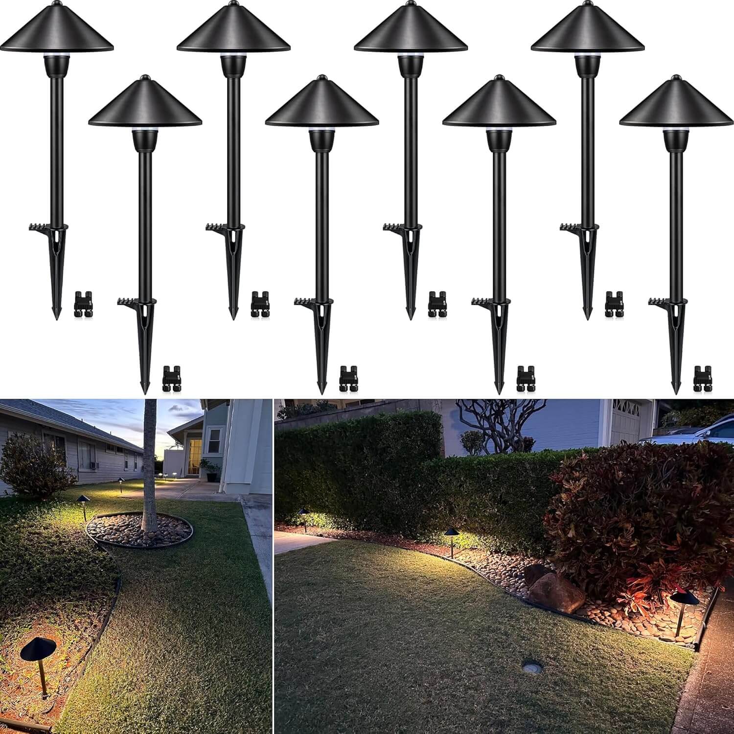 3W LED Low Voltage Waterproof Aluminum Conical Shade Pathway Lights With Connectors 8 Pack LSBWB-03-08C SUNVIE