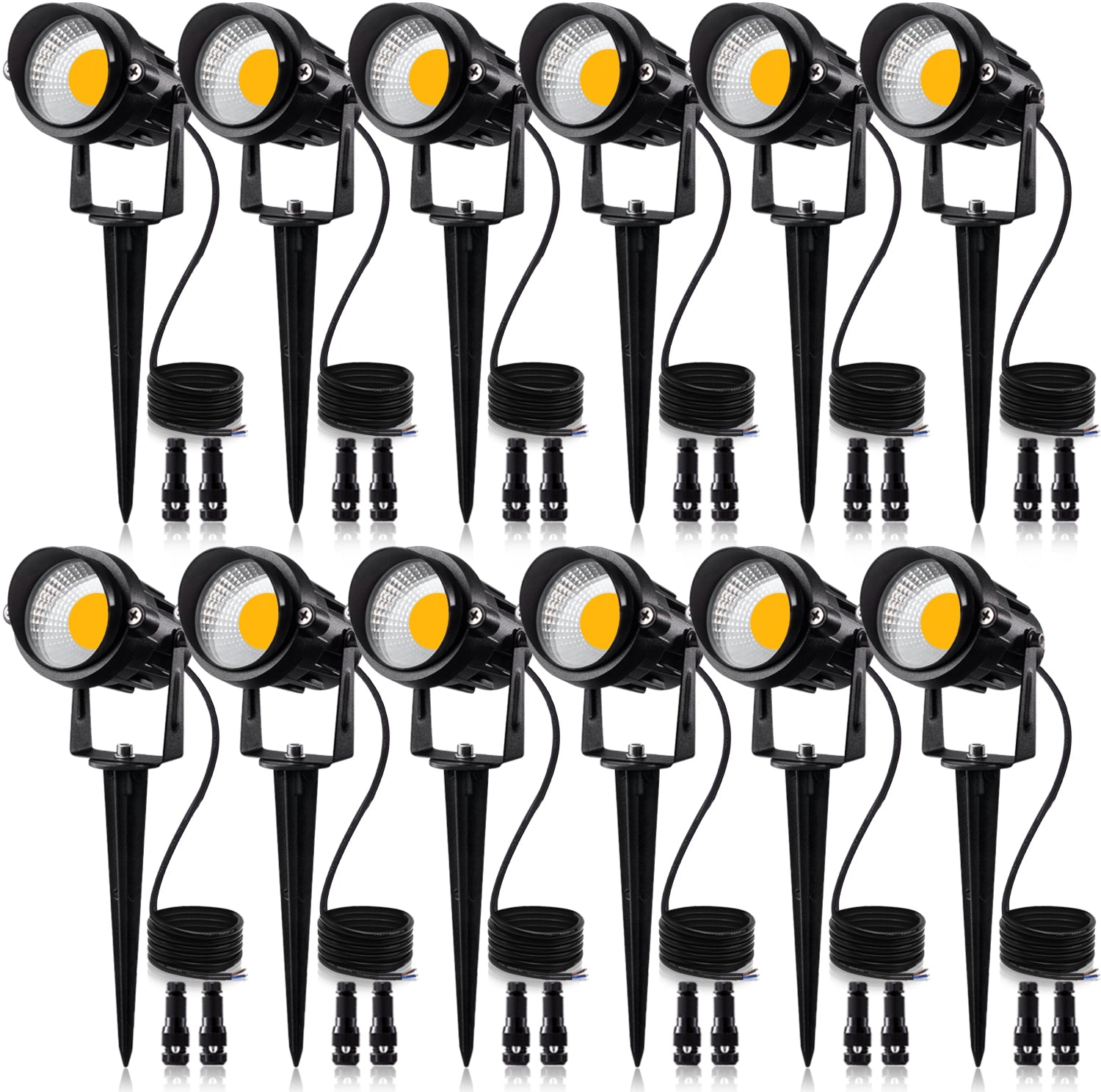 SUNVIE 12W Low Voltage LED Landscape Lights with Connectors, Outdoor 12V Super Warm White (900LM) Waterproof Garden Pathway Lights Wall Tree Flag Spotlights with Spike Stand (12 Pack with Connector) Lee Lighting