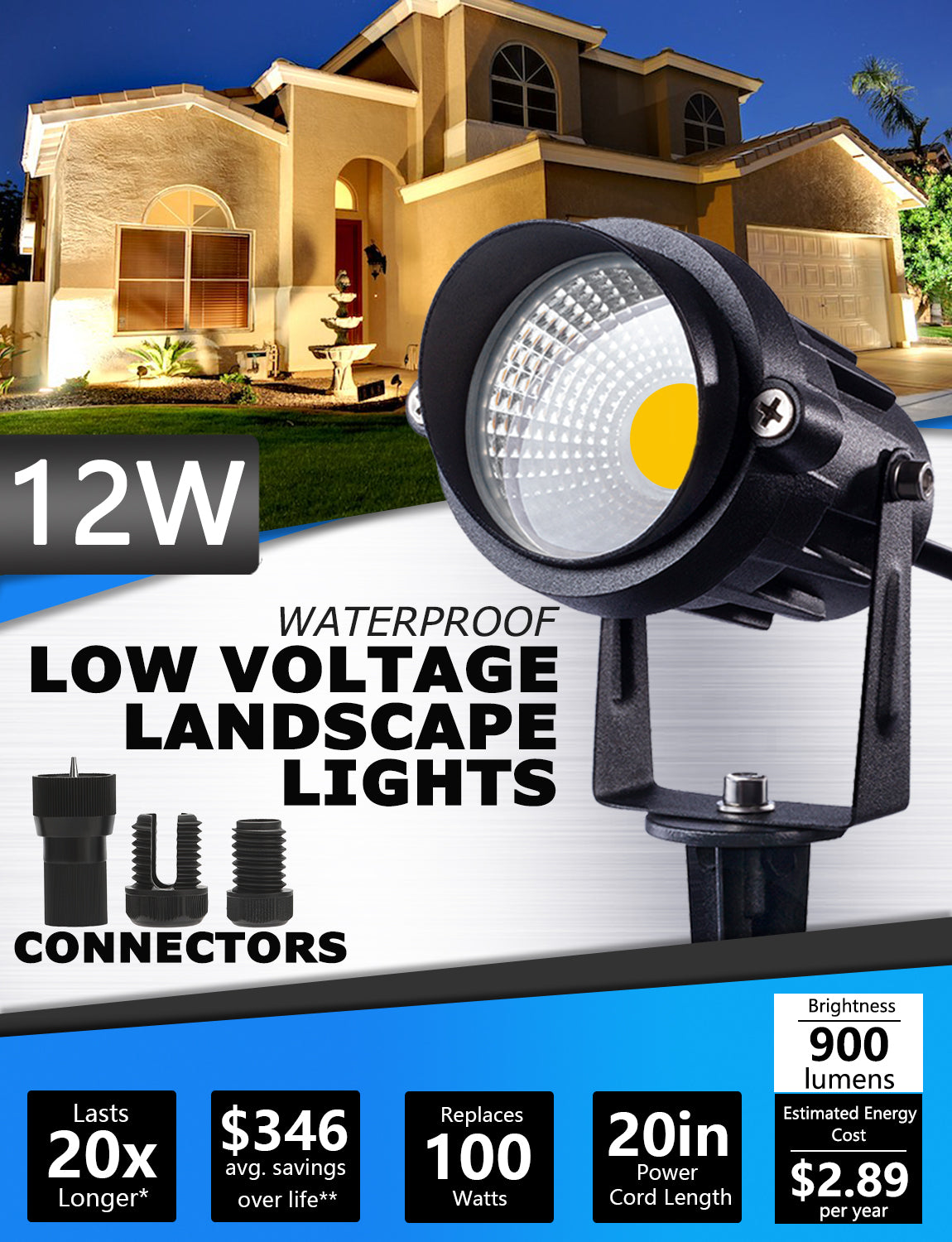 SUNVIE 12W Low Voltage LED Landscape Lights with Connectors, Outdoor 12V Super Warm White (900LM) Waterproof Garden Pathway Lights Wall Tree Flag Spotlights with Spike Stand (12 Pack with Connector) Lee Lighting