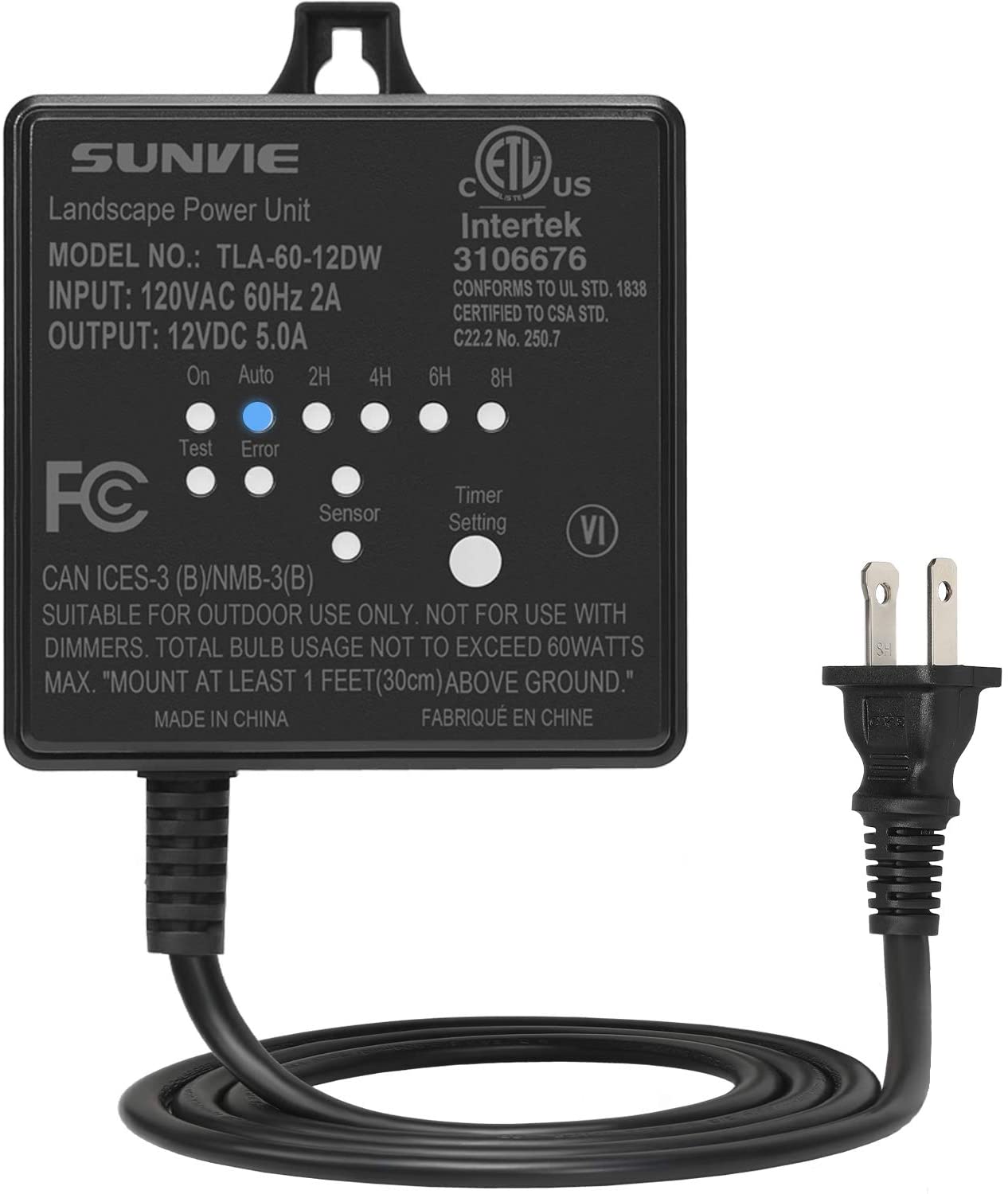 SUNVIE Low Voltage Transformer 60W Landscape Lighting Power Supply with Photocell Sensor and Timer for Outdoor Spotlight Floodlight Garden Pathway Path Lights 120V AC to 12V DC (ETL Listed) Lee Lighting