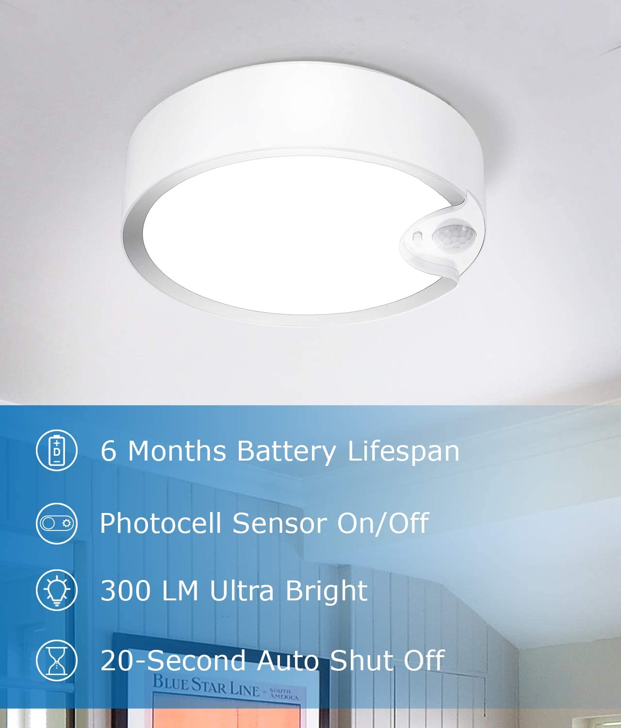 SUNVIE Motion Sensor Ceiling Light Battery Operated Indoor/Outdoor LED Battery Powered Ceiling Light 300LM for Hallway Bathroom Stairs Basement Warehouse with Photocell Sensor ON/Off Lee Lighting