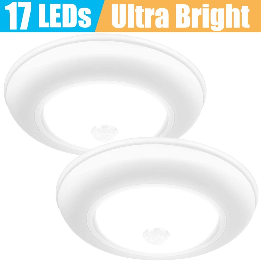 Motion Sensor Ceiling Light Battery Operated, SUNVIE Wireless Motion Sensing Activated LED Closet Light Warm White Indoor for Stairs, Hallway, Garage, Bathroom, Cabinet (Bright White, 2 Pack) SUNVIE